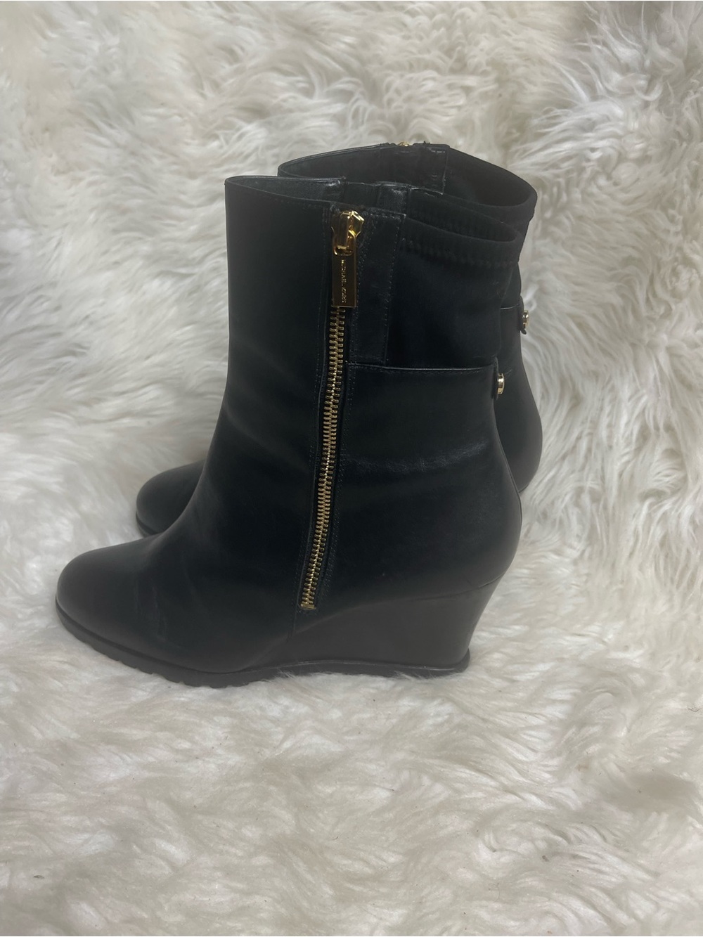 Black Wedge Ankle Boots with Gold Zipper